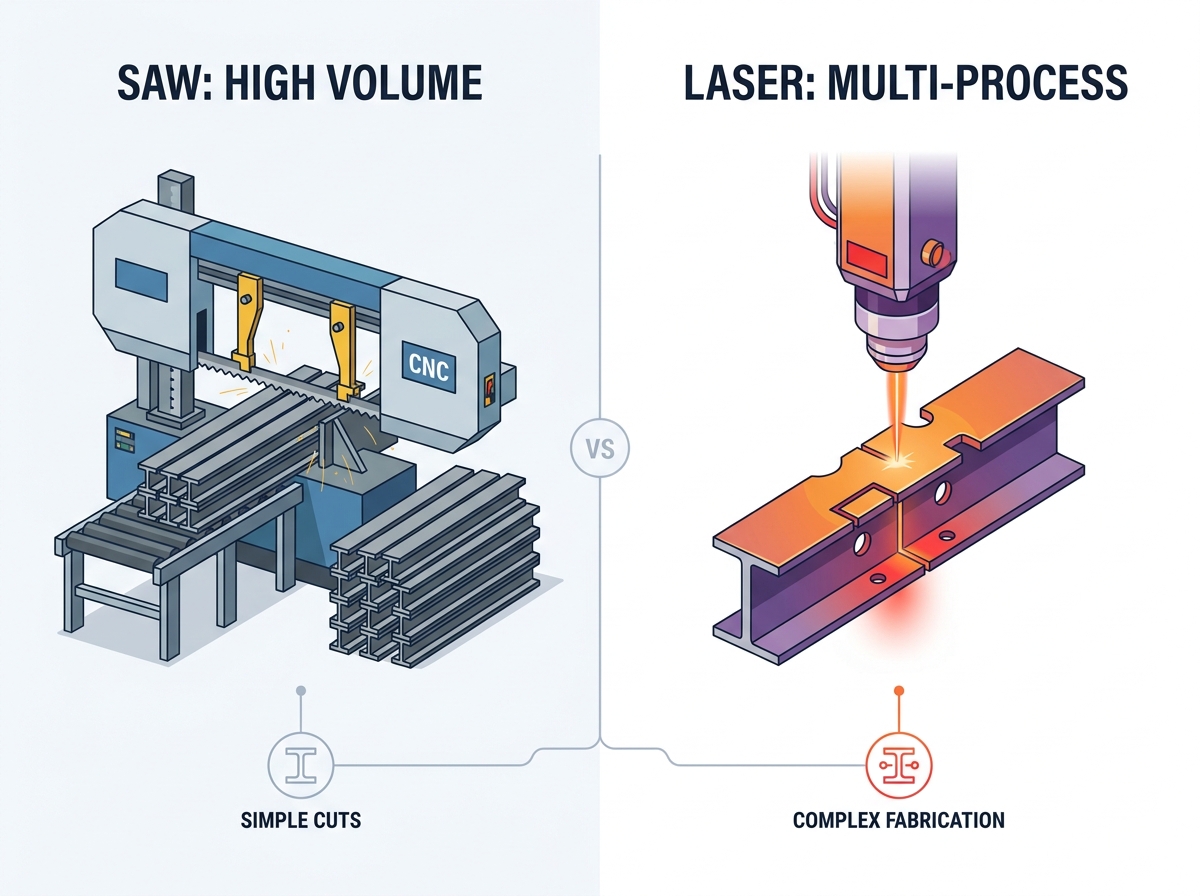 Structural steel cutting factory floor comparing saw and laser