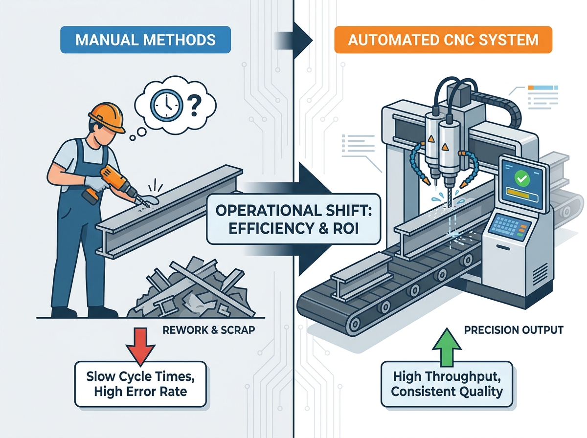 Automated CNC beam drilling machine operating in an industrial steel structure facility